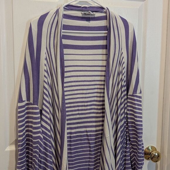 Attitudes By Renee Size 1X Purple & White Striped Open Front Cardigan Sweater - Picture 3 of 11